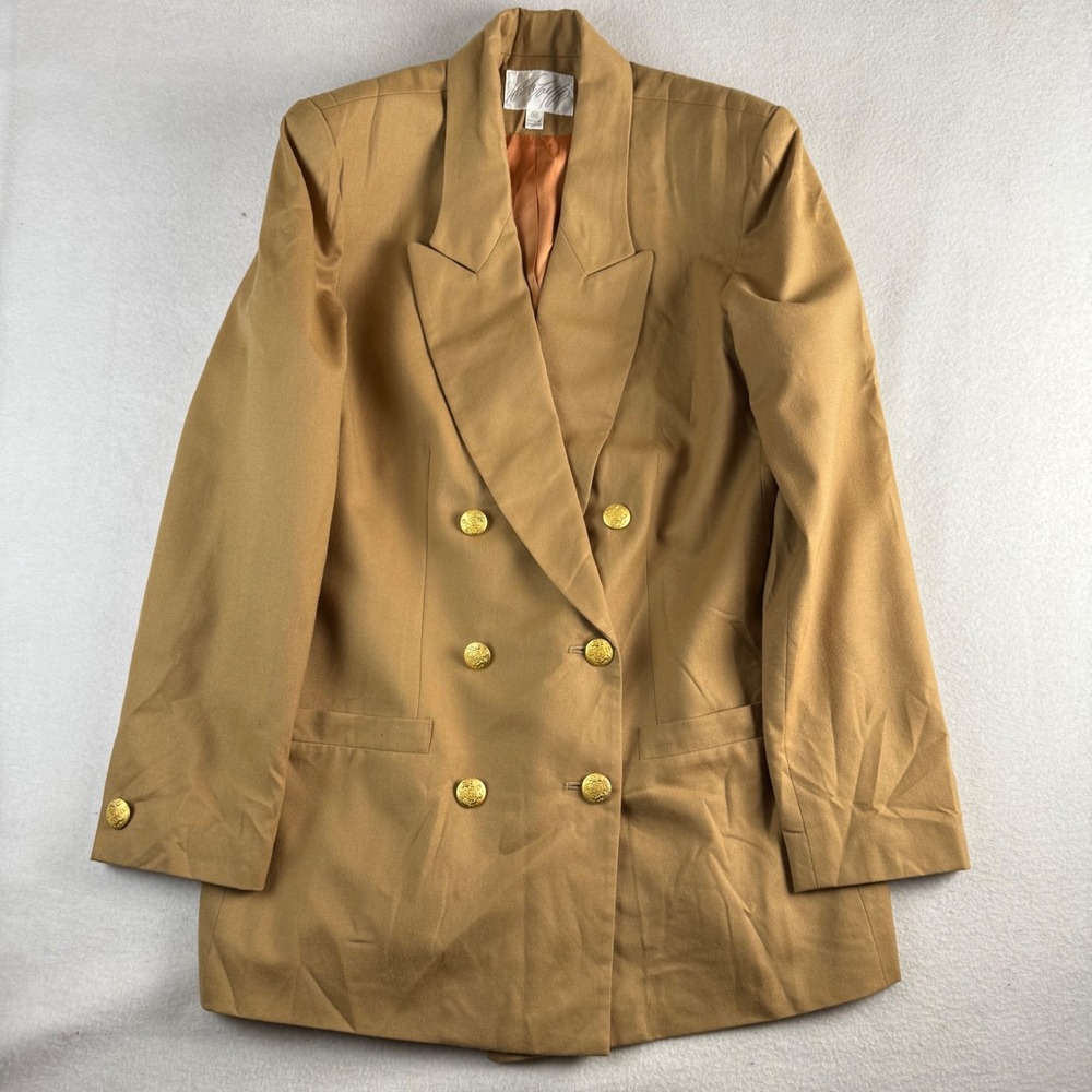 Liz Claiborne Vintage 100% Wool Double Breasted Blazer Camel Tan Gold Button 12